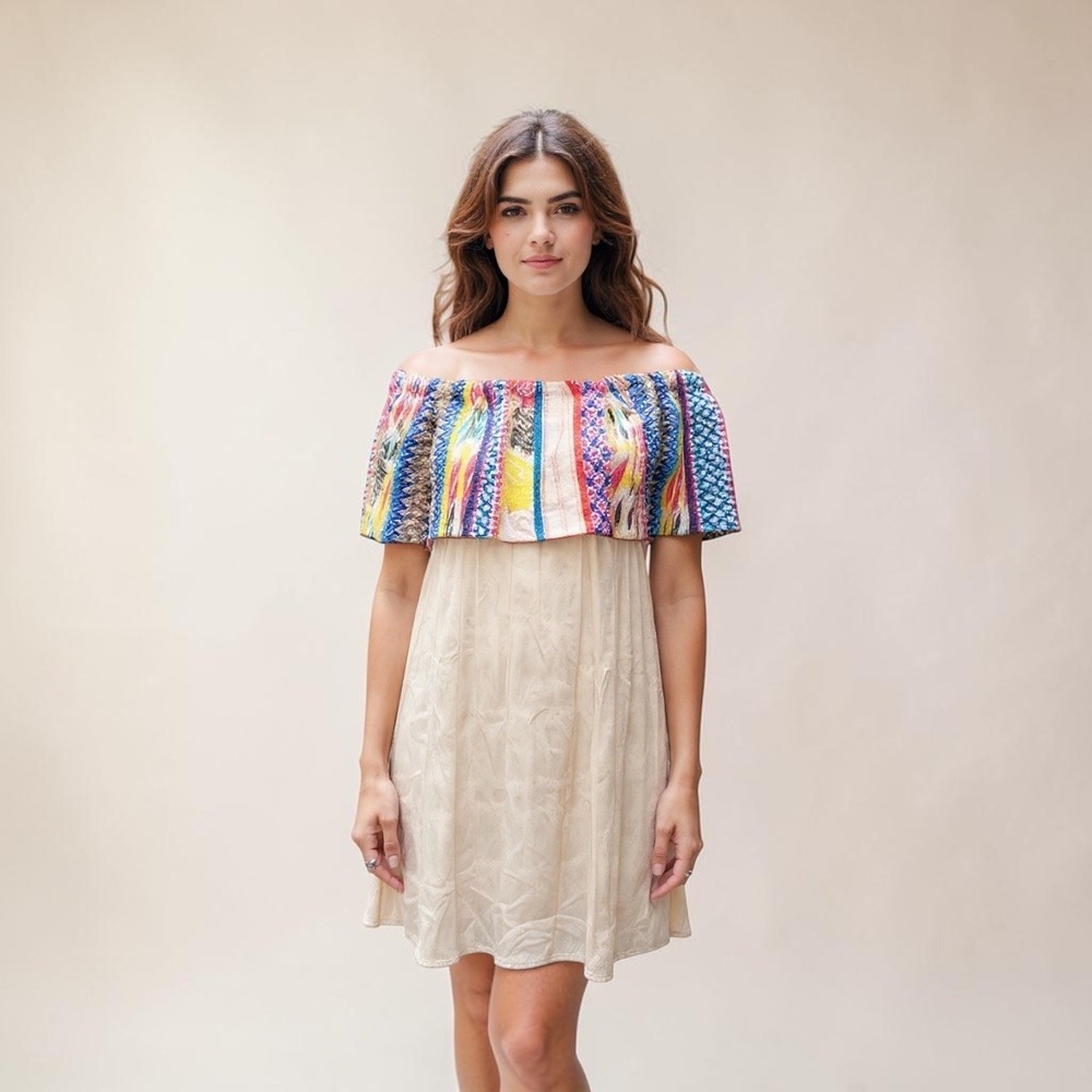 ASOS Women Off The Shoulder Embroidered Multi Color Frill Mini Dress Sz 10 NEW